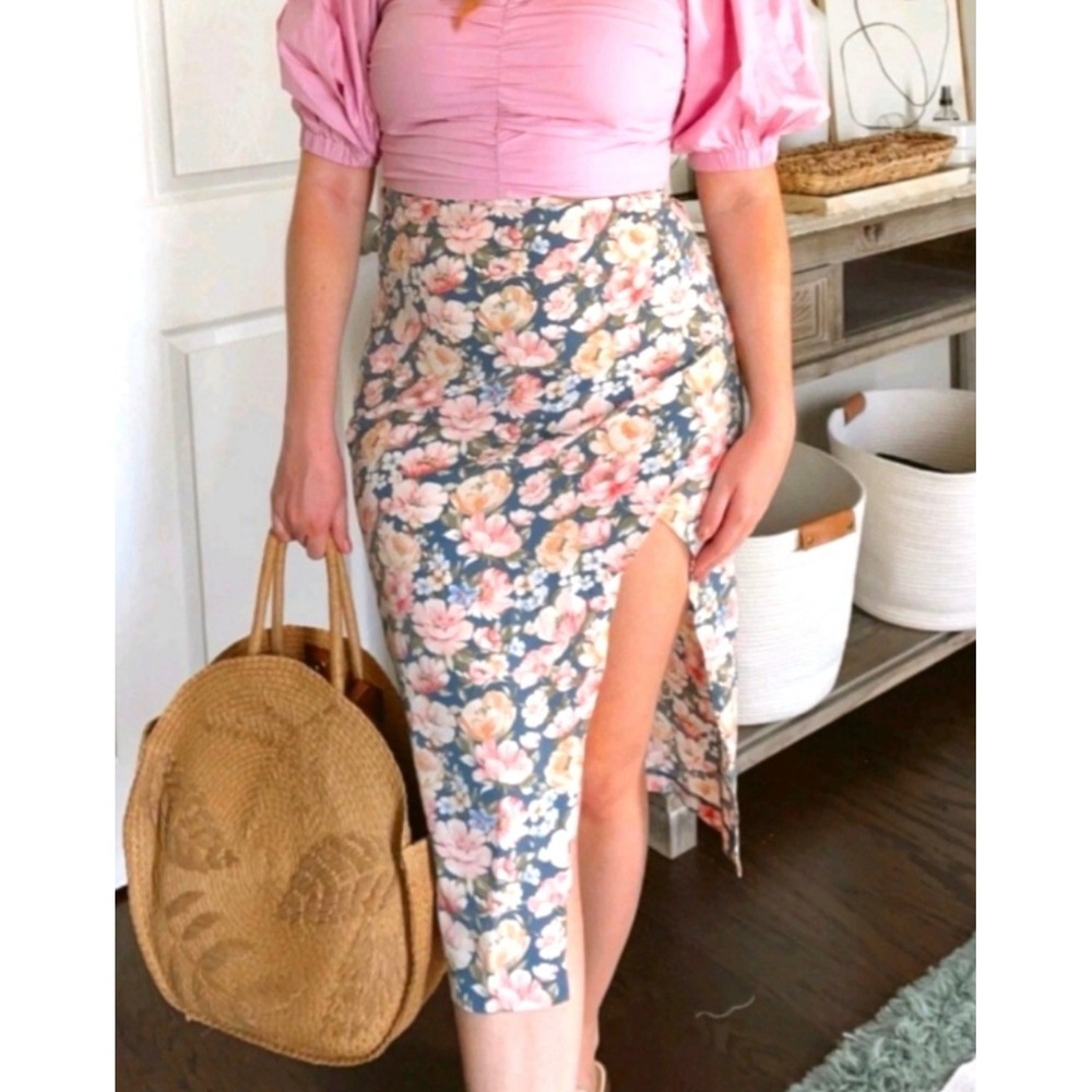 Abercrombie & Fitch Floral Slit Midi Skirt Womens Small Blue Pink